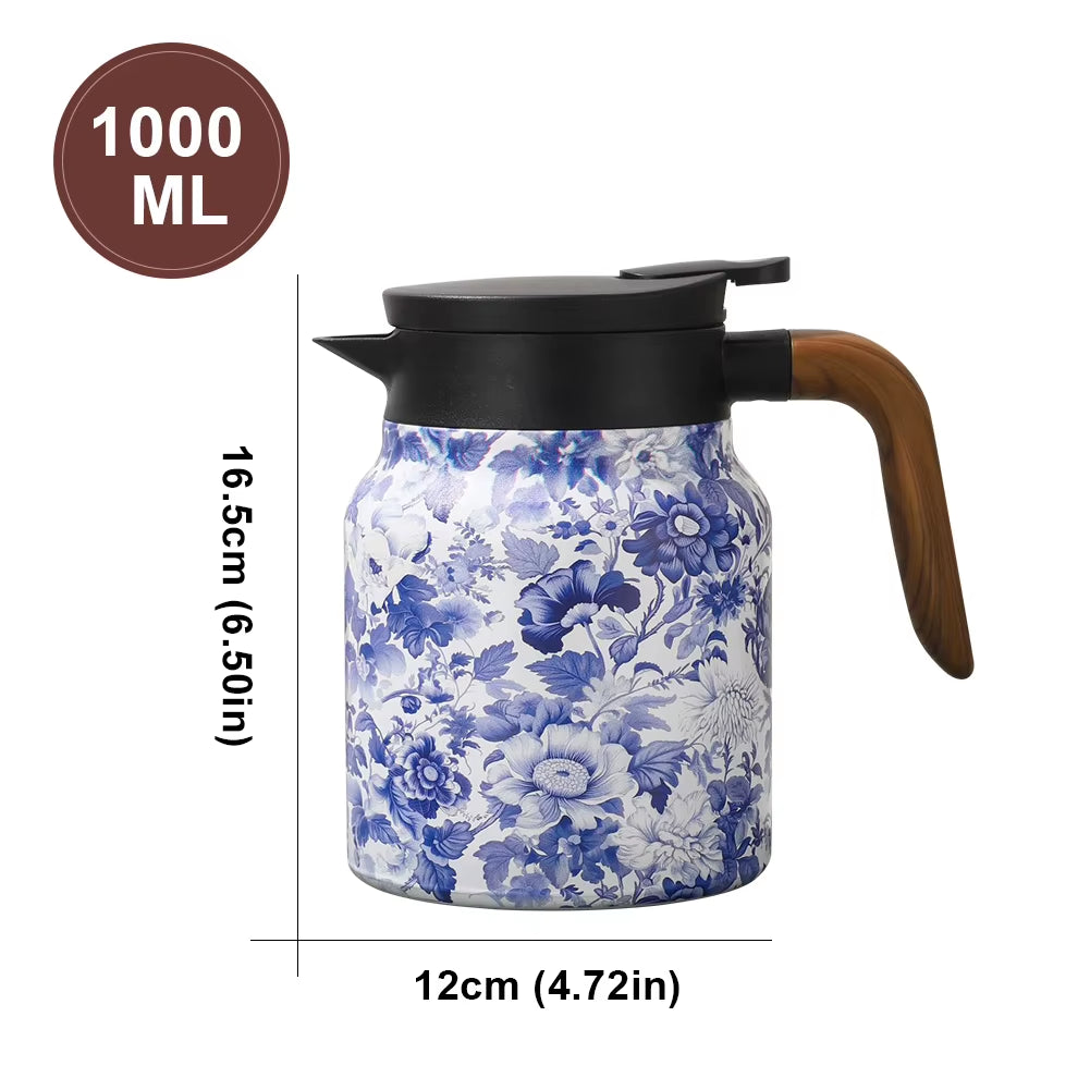 Elegant 1L Vintage Floral Tea Thermos – Stainless Steel Drip-Proof Pot with Infuser for Tea & Coffee