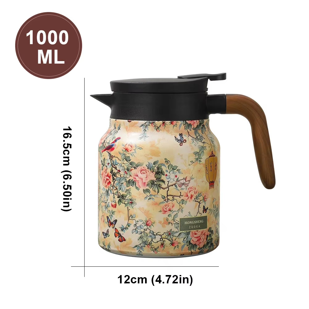 Elegant 1L Vintage Floral Tea Thermos – Stainless Steel Drip-Proof Pot with Infuser for Tea & Coffee