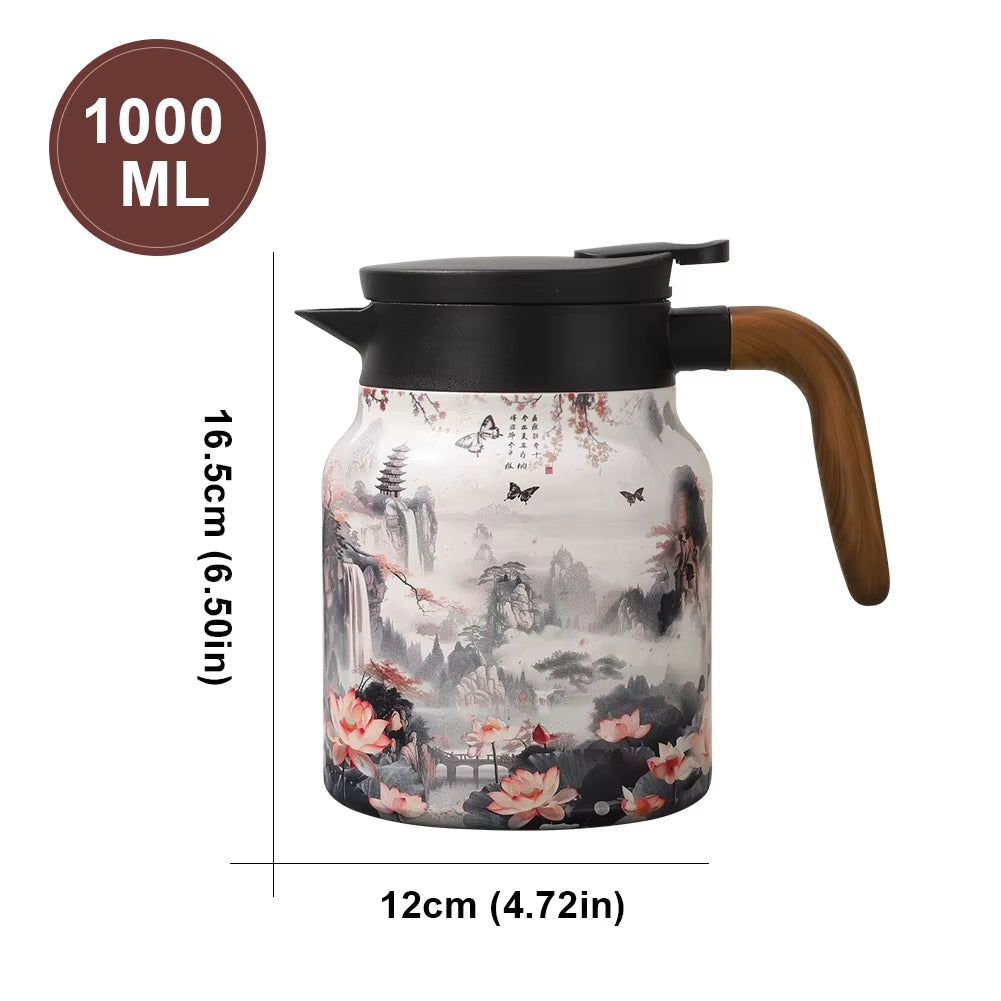 Elegant 1L Vintage Floral Tea Thermos – Stainless Steel Drip-Proof Pot with Infuser for Tea & Coffee